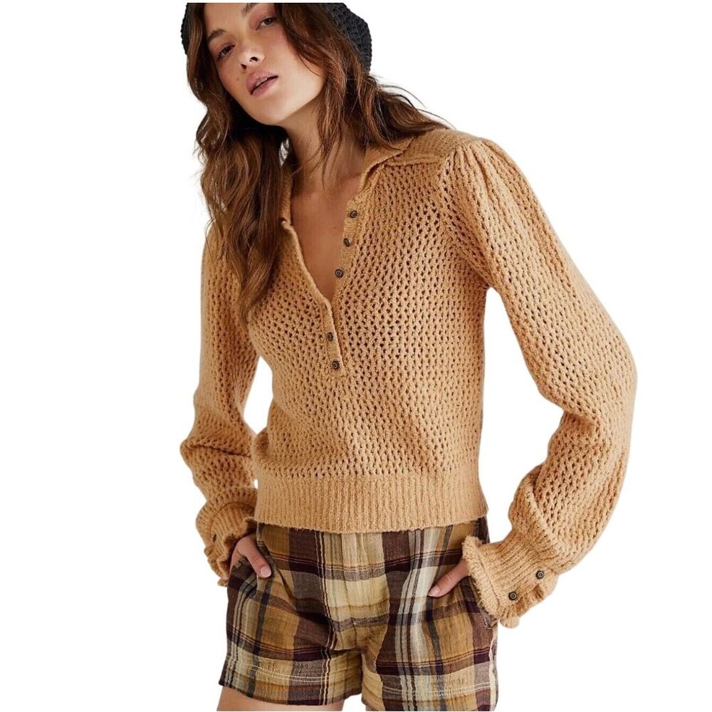 We the Free Snowdrift Henley Pullover Sweater Ruffled Cuff Camel Retro Boho, S
